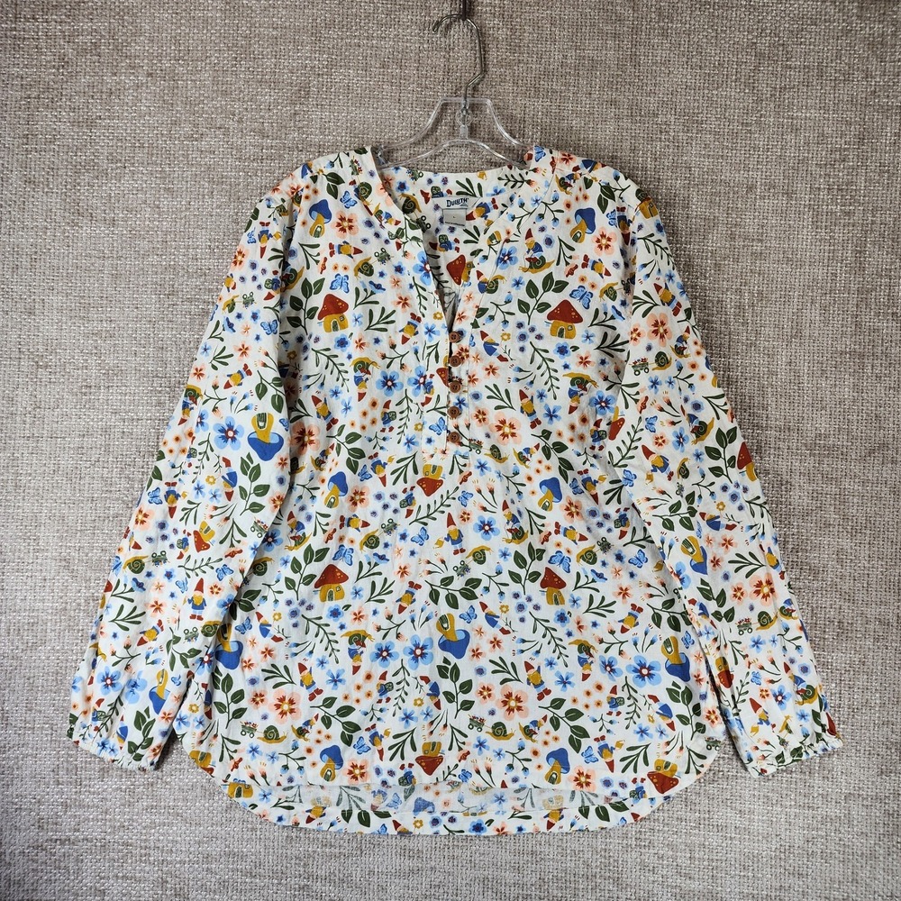 Duluth Popover Hemp Blend Garden Blouse Womens L Gnome Flowers Toadstool
